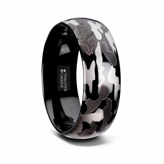 Black Tungsten Ring with Black and Gray Camo Pattern 