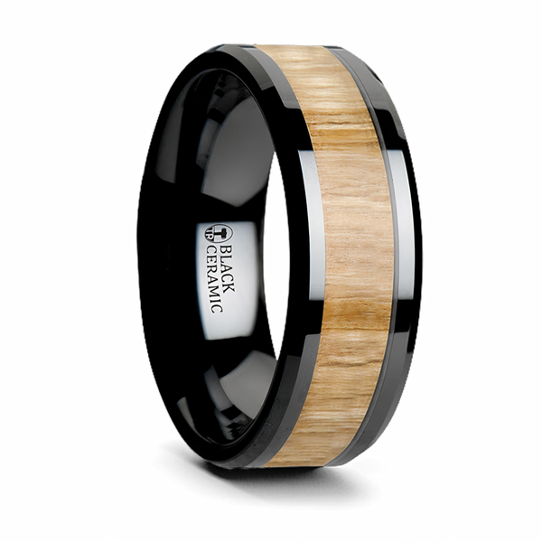 Ash Wood Inlay Ring in Black Ceramic 