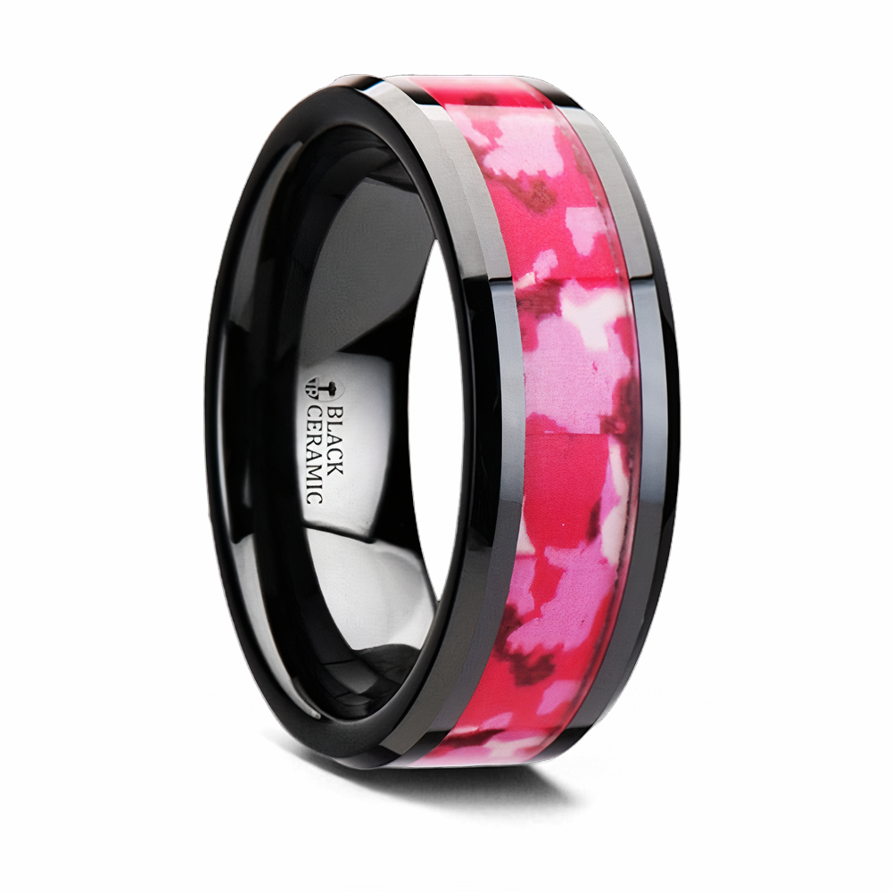 Black Ceramic Ring with Pink and White Camo Inlay 