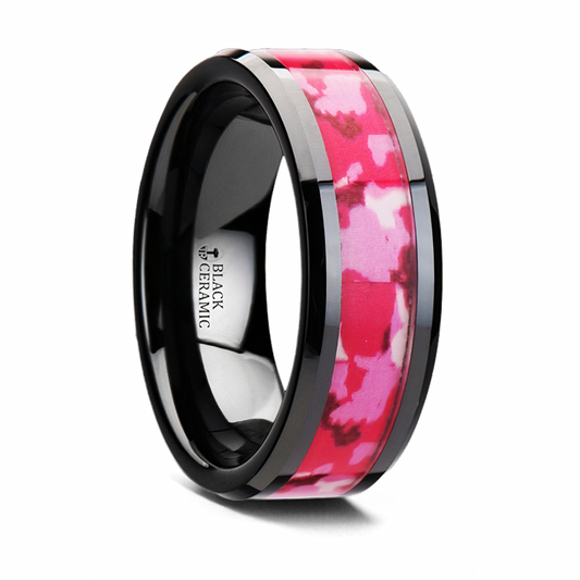 Black Ceramic Ring with Pink and White Camo Inlay 