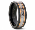Black Tungsten Hammered Ring with Antler & Rose Gold Inlay 