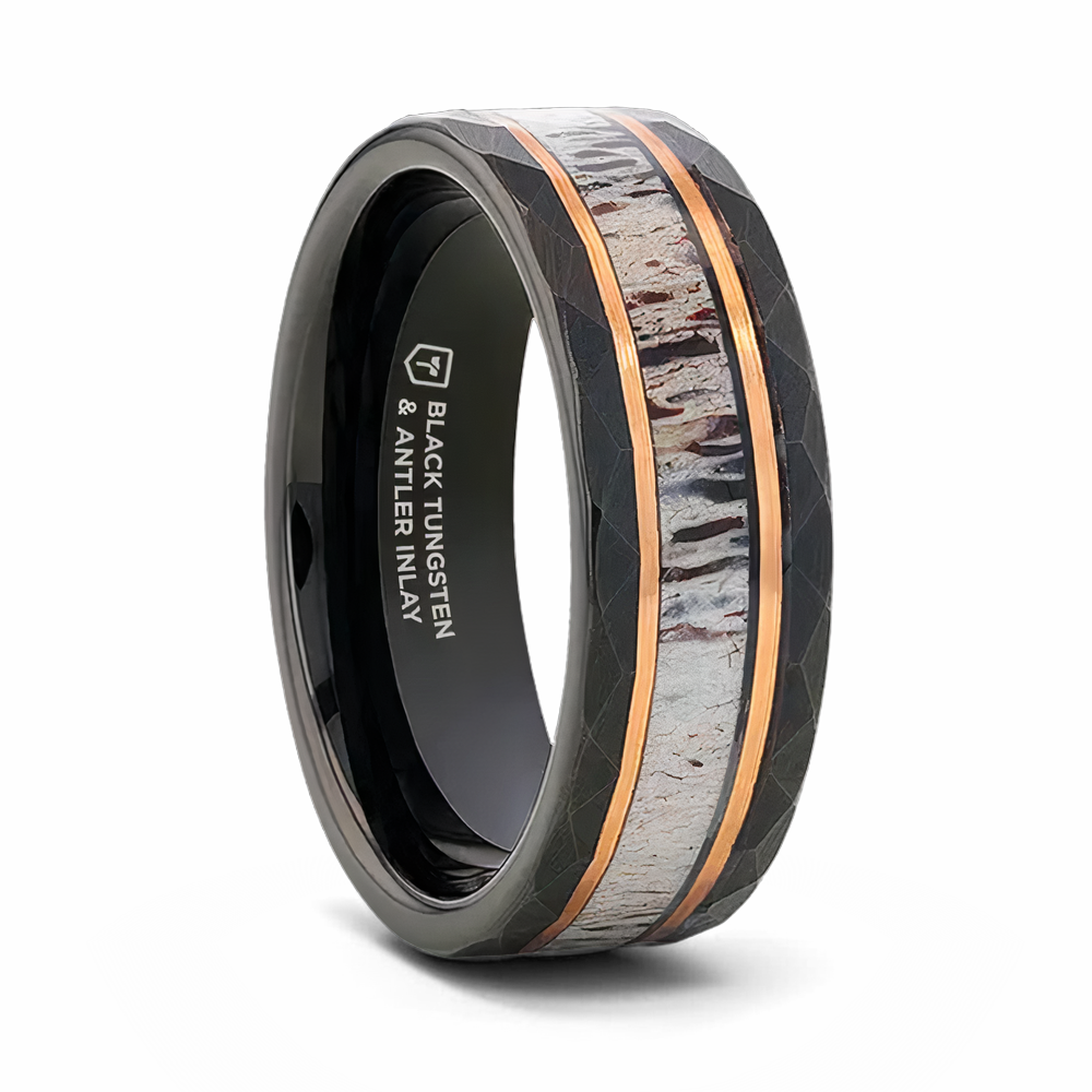 Black Tungsten Hammered Ring with Antler & Rose Gold Inlay 