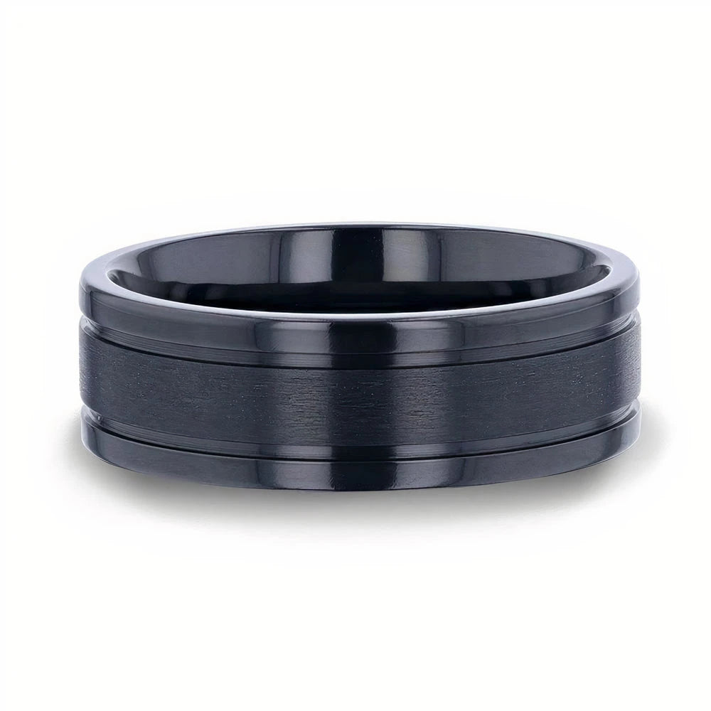 Brushed Center Black Titanium Band with Dual Grooves 