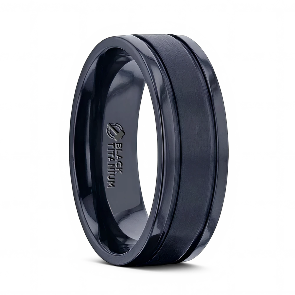 Brushed Center Black Titanium Band with Dual Grooves 