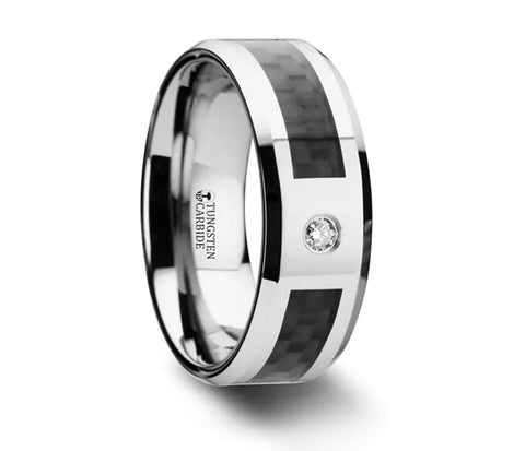 Tungsten Carbon Fiber Ring with Inset Diamond