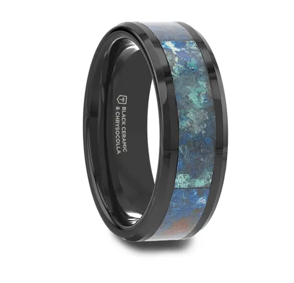 Black Ceramic Ring with Chrysocolla Inlay