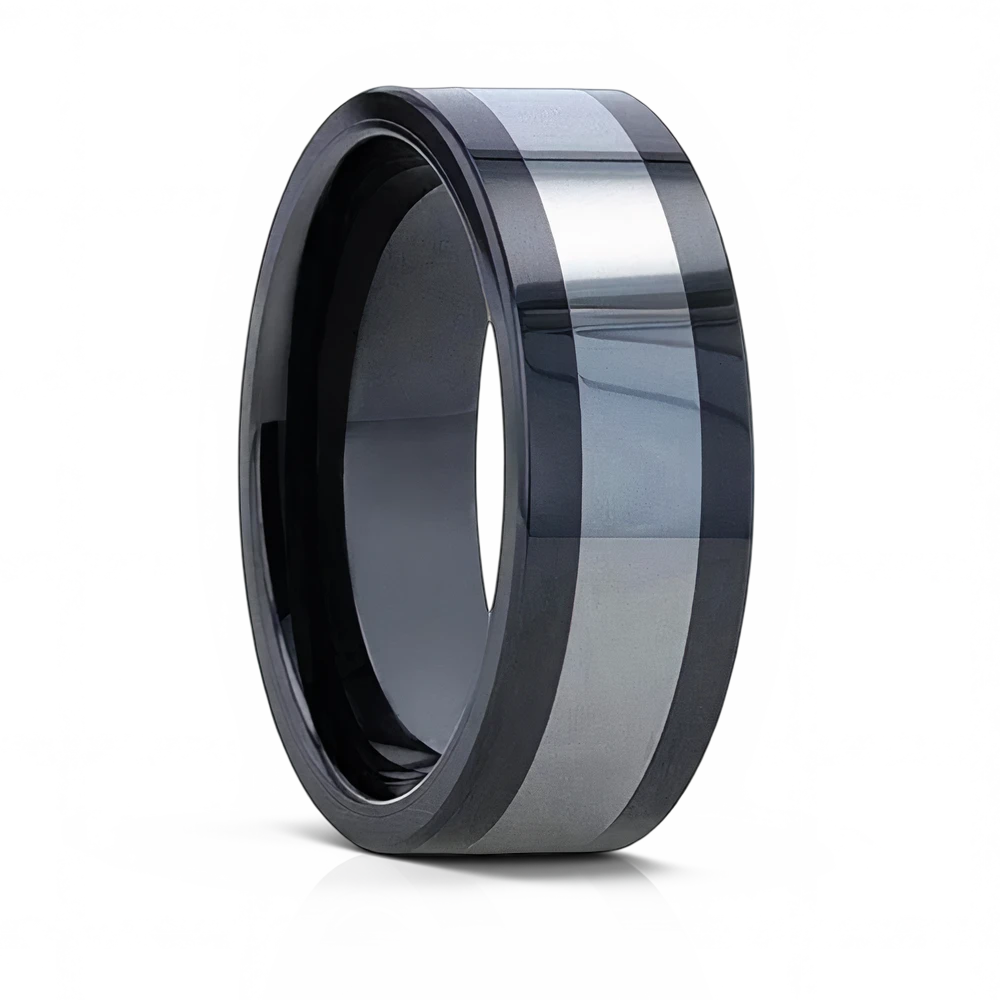 HUSKEY Ceramic Band with Tungsten Inlay and Flat Polished Edges