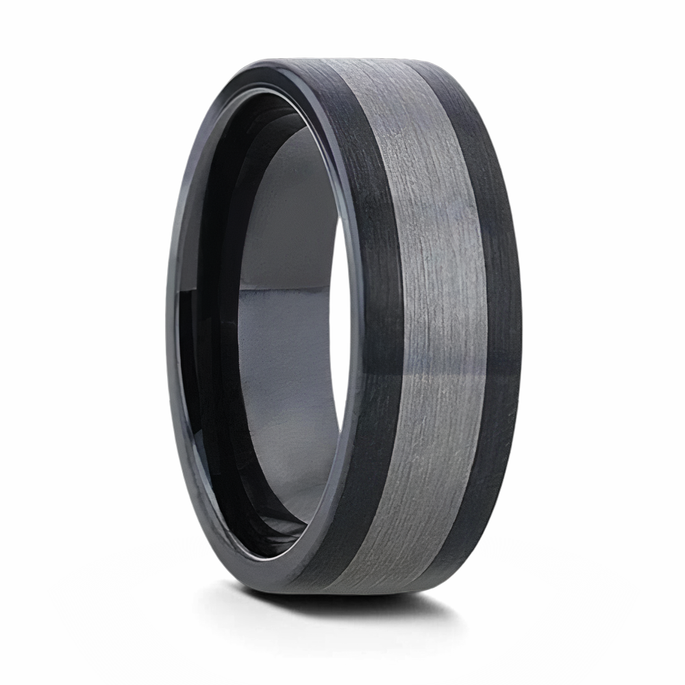 Black Ceramic Ring with Brushed Tungsten Inlay 