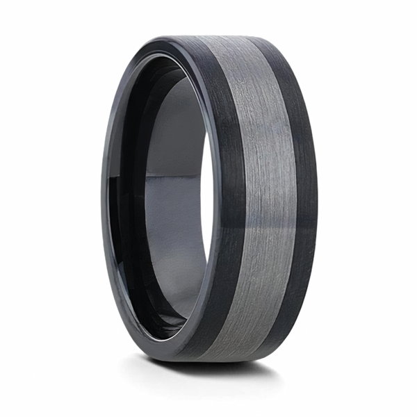 Black Ceramic Ring with Brushed Tungsten Inlay 