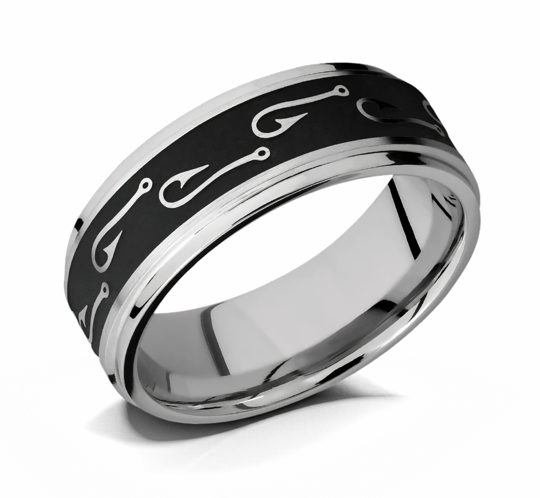 Cobalt Chrome FIsh Hook Ring with Black Background 