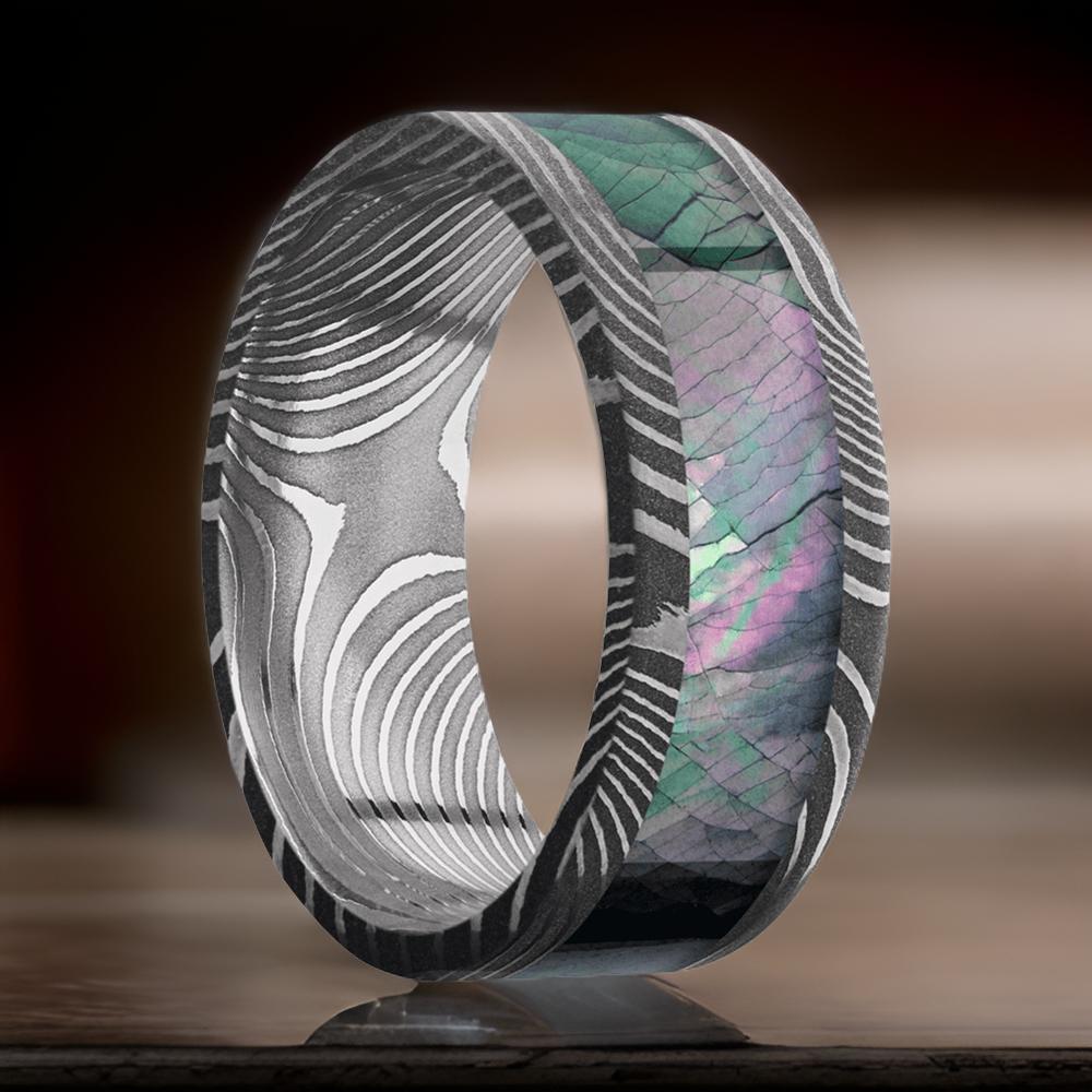 Damascus Steel Ring with Black Mother of Pearl Inlay 