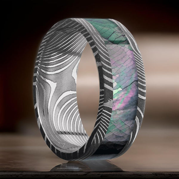 Damascus Steel Ring with Black Mother of Pearl Inlay 