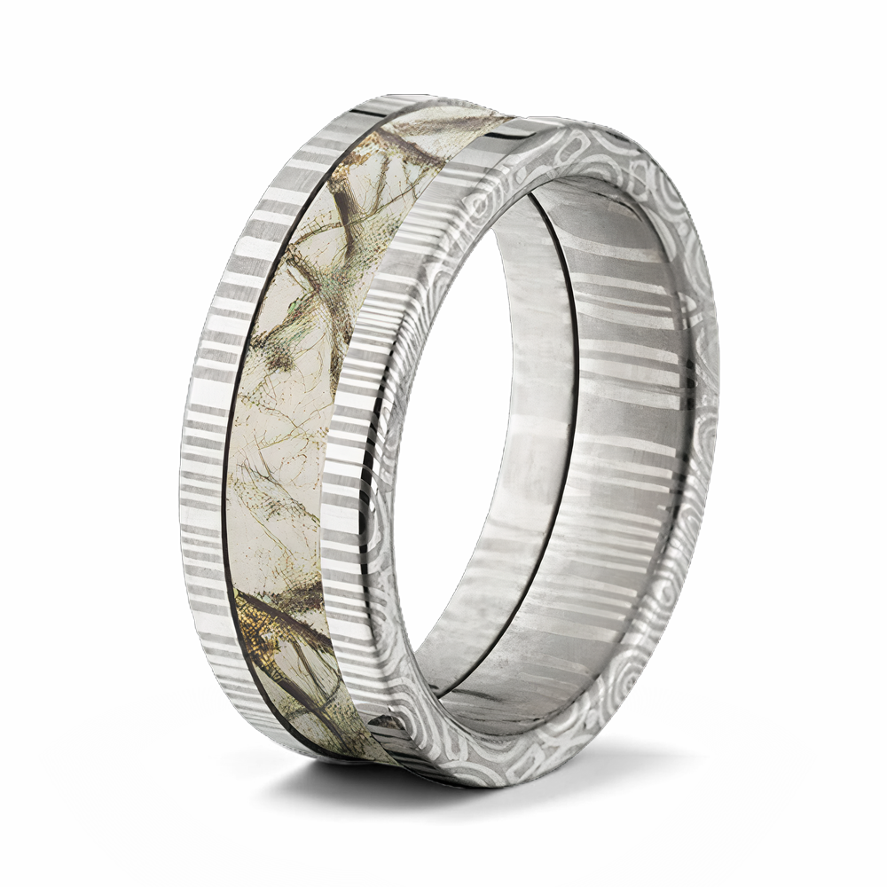 Damascus Steel Camo Ring with Realtree Inlay - 8mm Flat 