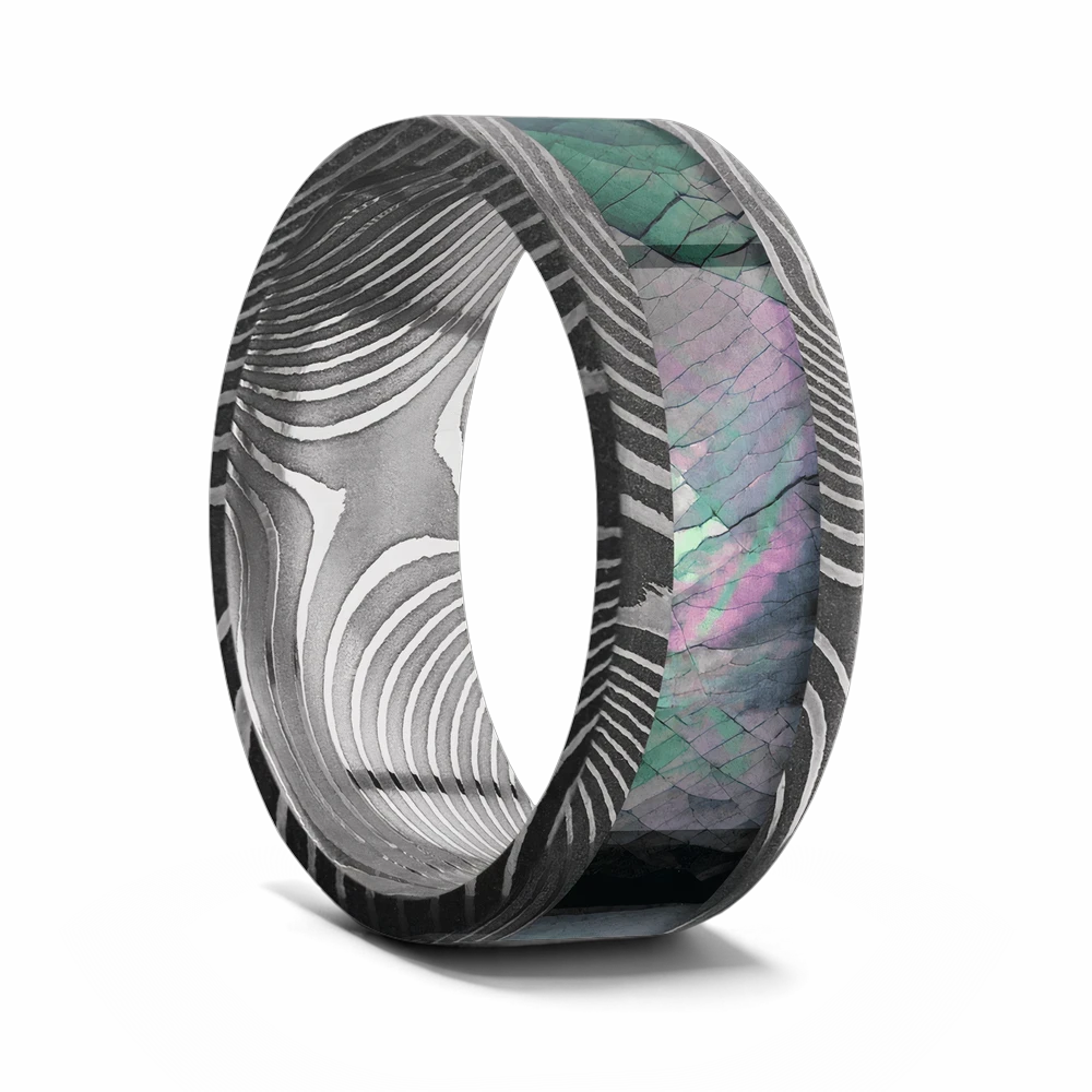 Damascus Steel Ring with Black Mother of Pearl Inlay 