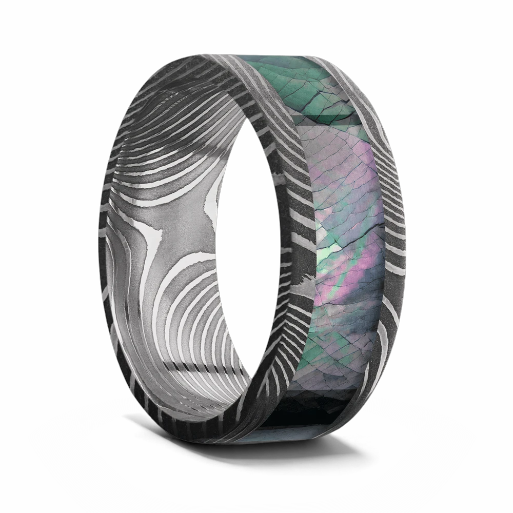 Damascus Steel Ring with Black Mother of Pearl Inlay 