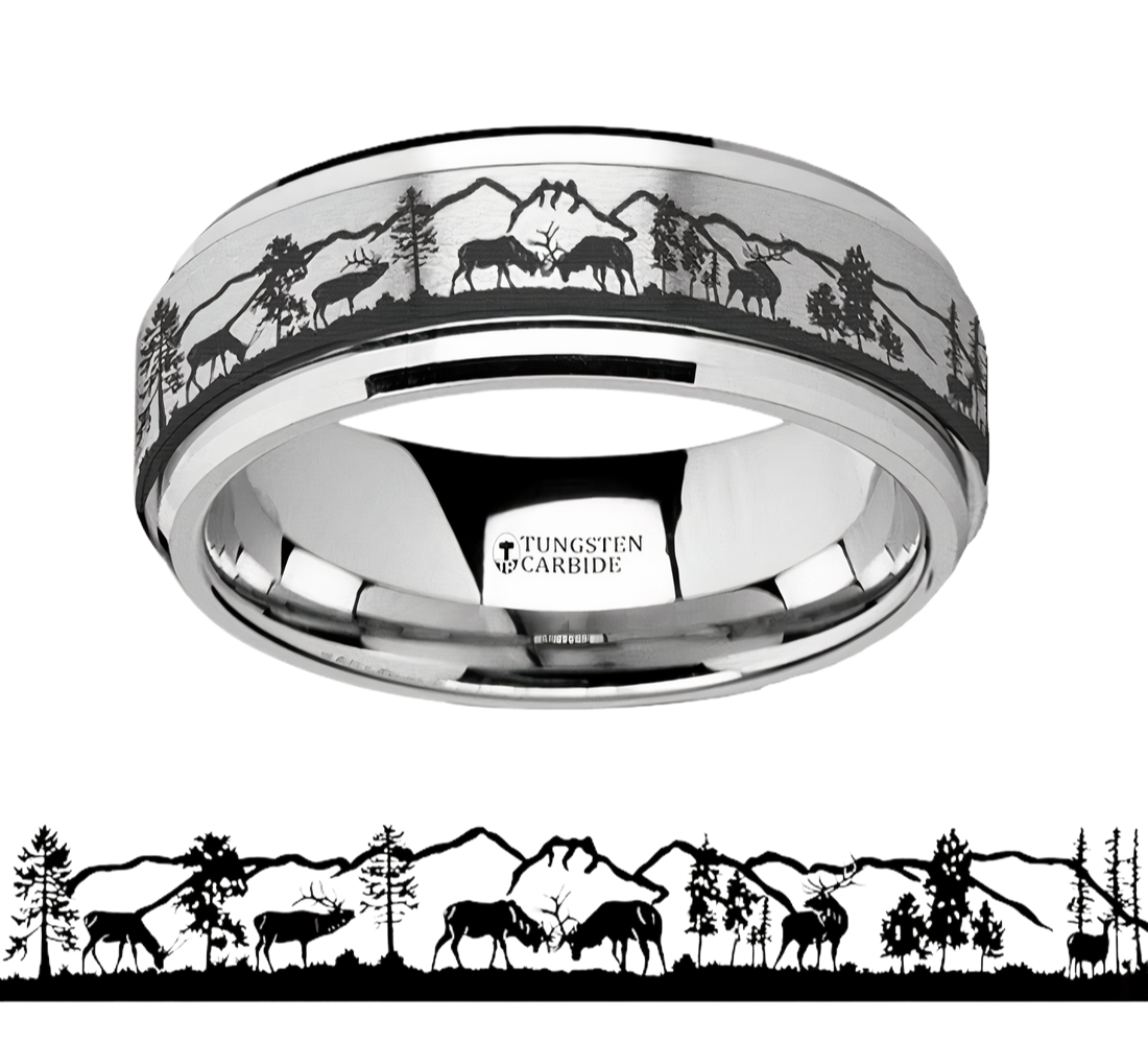 Deer Stag Mountain Range Spinner Ring - Tungsten 8mm 