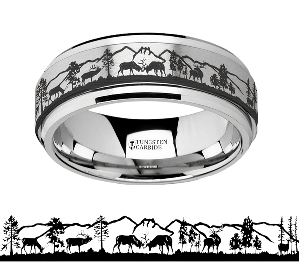 Deer Stag Mountain Range Spinner Ring - Tungsten 8mm 