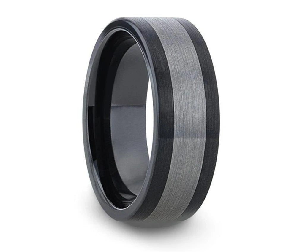 Black Ceramic Ring with Brushed Tungsten Inlay - Camo Ever After