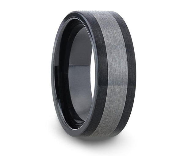 Black Ceramic Ring with Brushed Tungsten Inlay