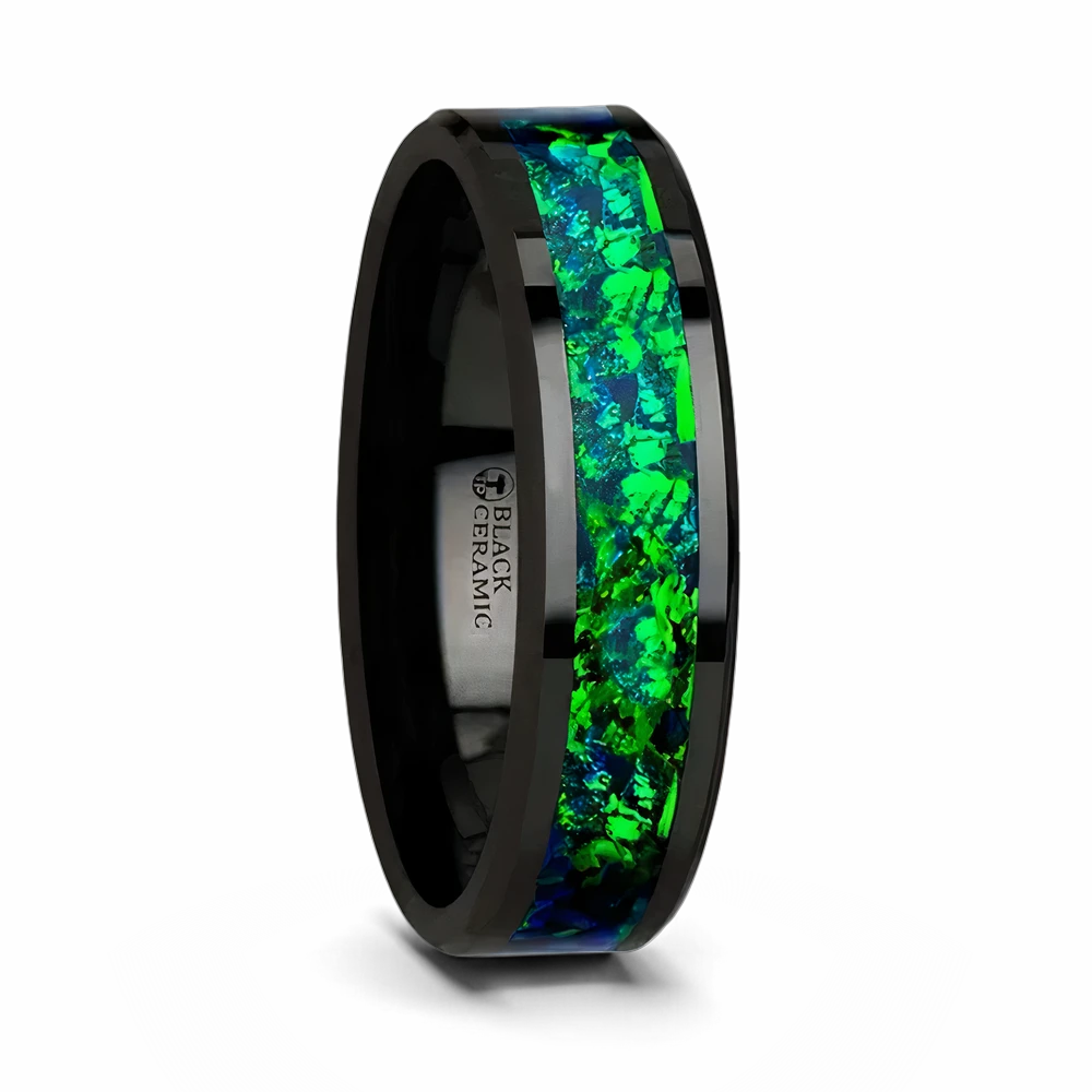 Emerald Green & Sapphire Blue Opal Inlay Ring in Ceramic 
