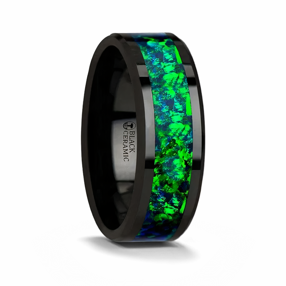 Emerald Green & Sapphire Blue Opal Inlay Ring in Ceramic 