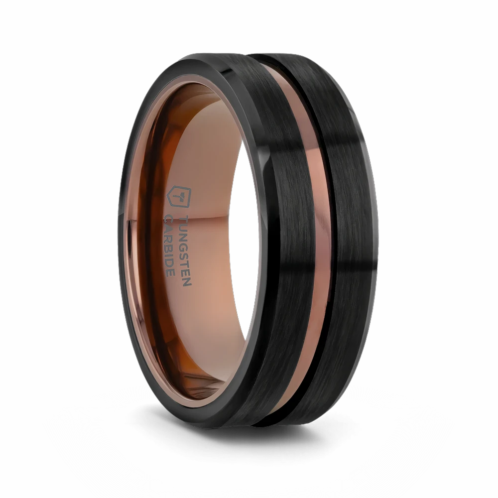 Flat Tungsten Ring with Expresso Grooved Center 