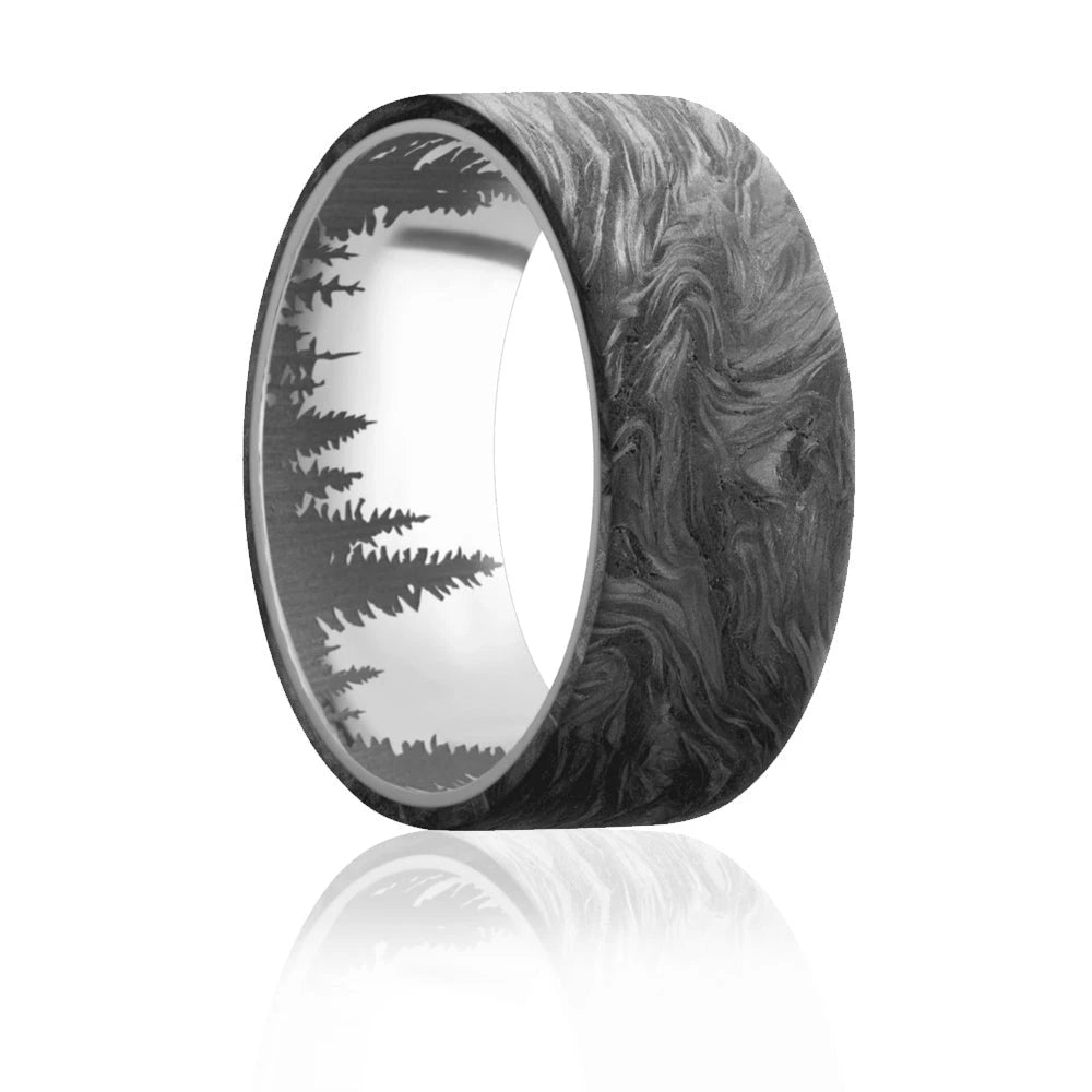 Forged Carbon Fiber Ring with Forest Line Inside Engraving 