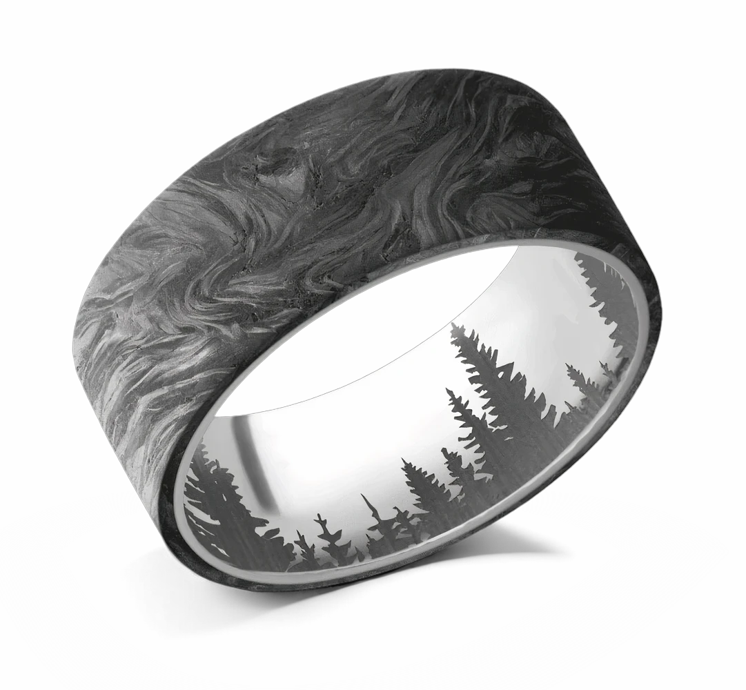 Forged Carbon Fiber Ring with Forest Line Inside Engraving 