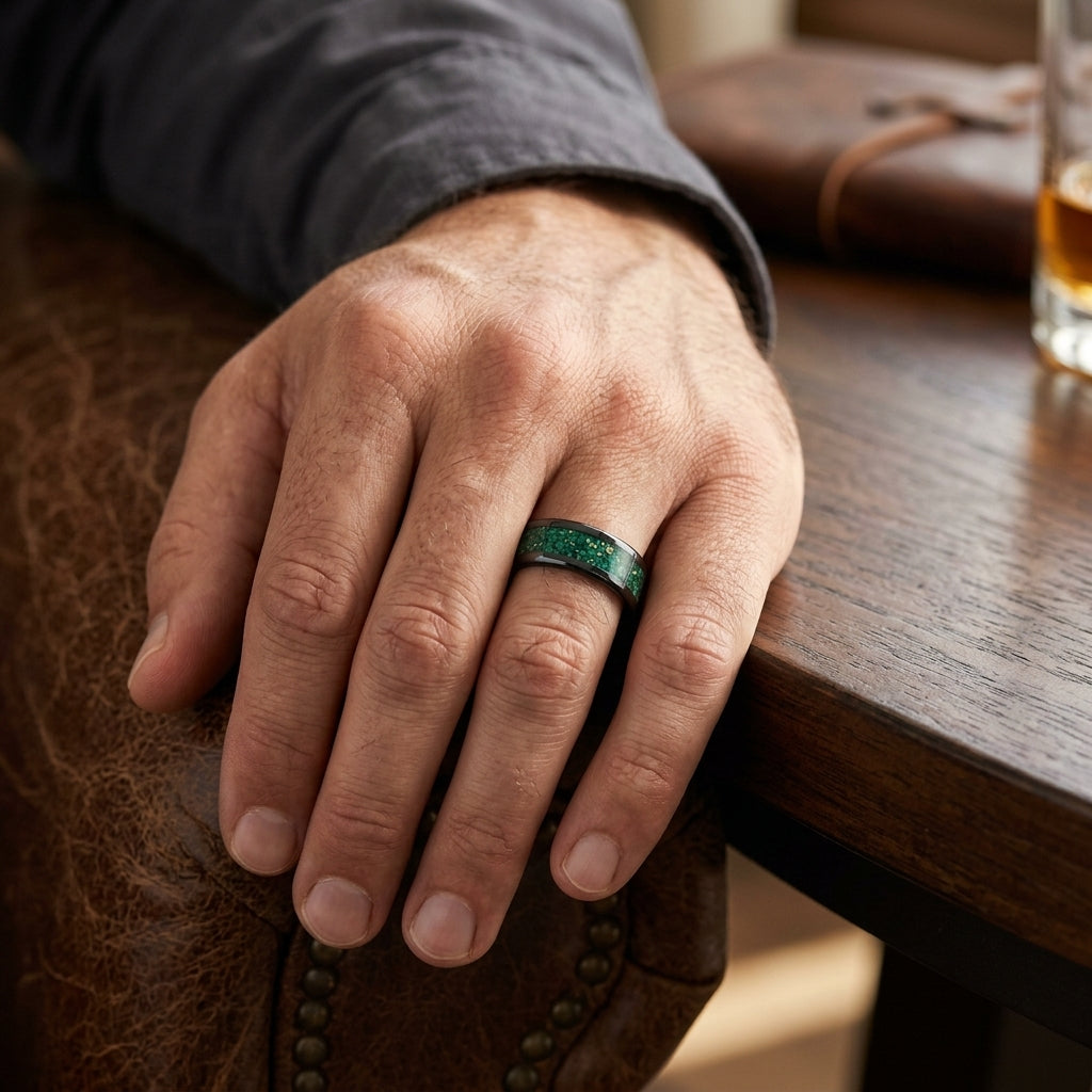 Malachite & Gold Flakes Inlay Black Ceramic Ring - 8mm