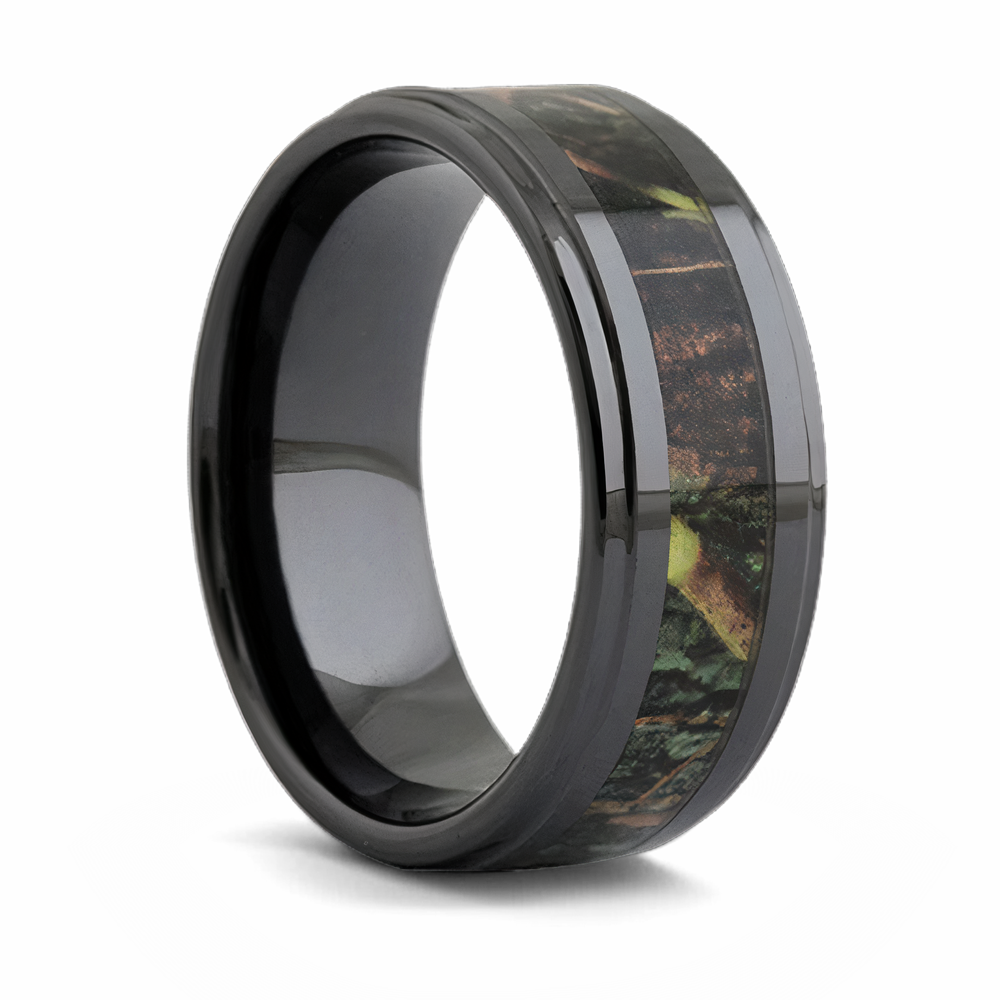 Camo Ring in Black Ceramic with Leaves and Branches 