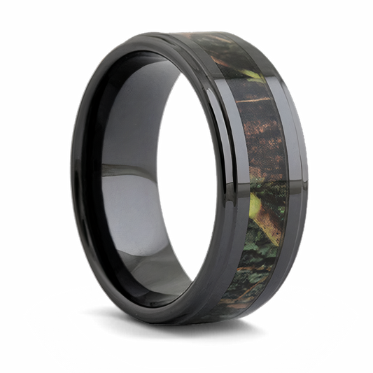 Camo Ring in Black Ceramic with Leaves and Branches 
