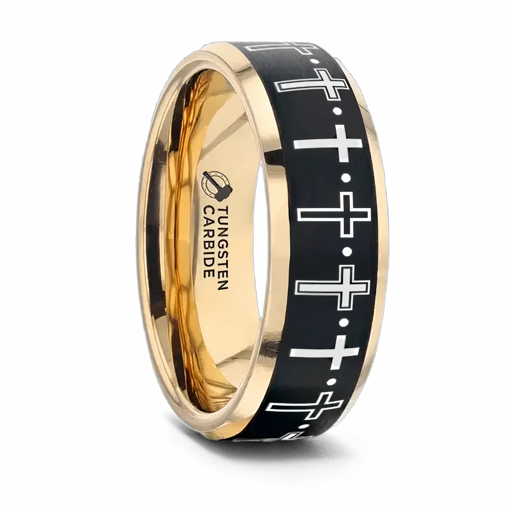 Gold Plated Ring with Crosses and Black Center 