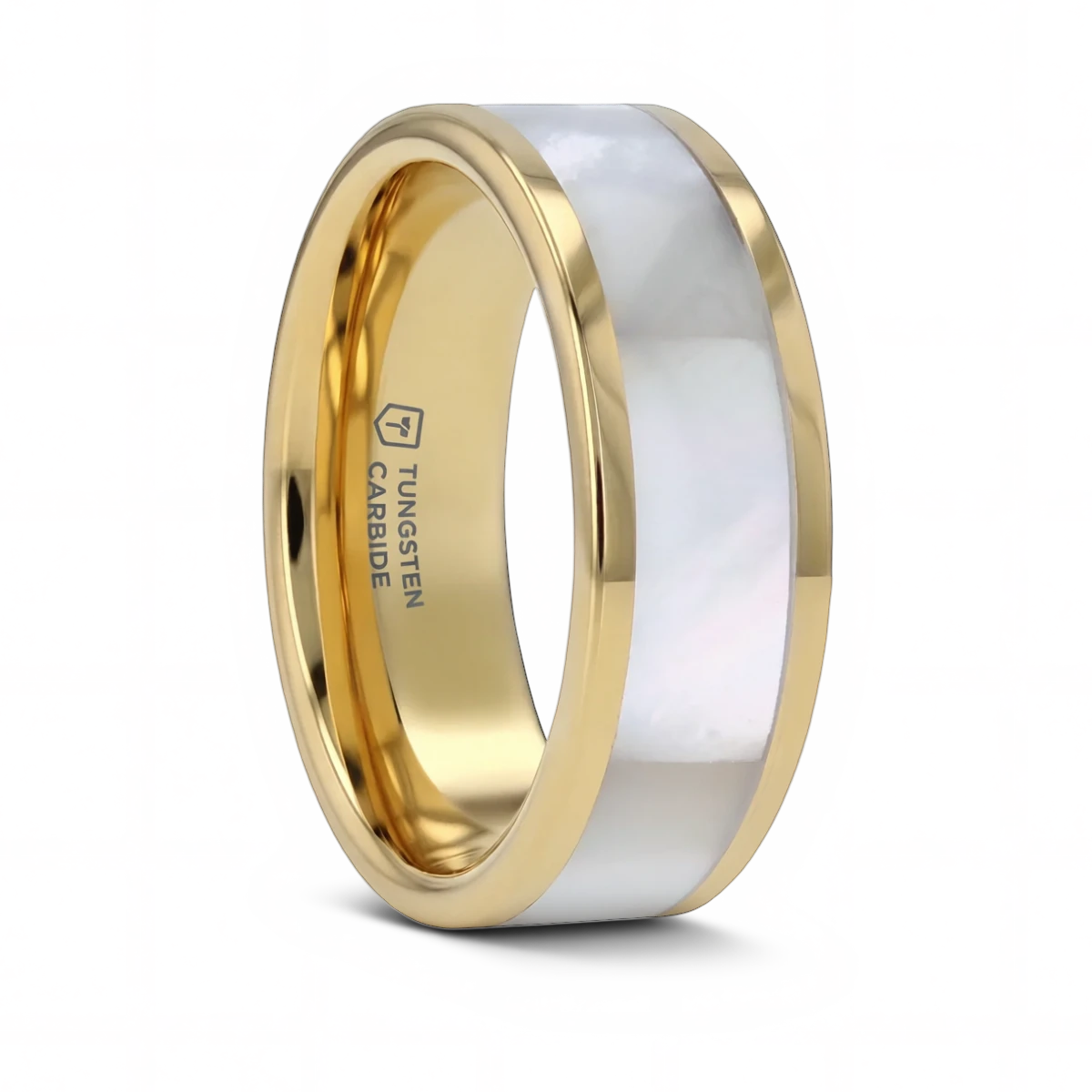 Gold Tungsten Wedding Band with White Abalone Inlay 