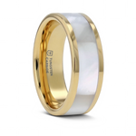 Gold Tungsten Wedding Band with White Abalone Inlay 