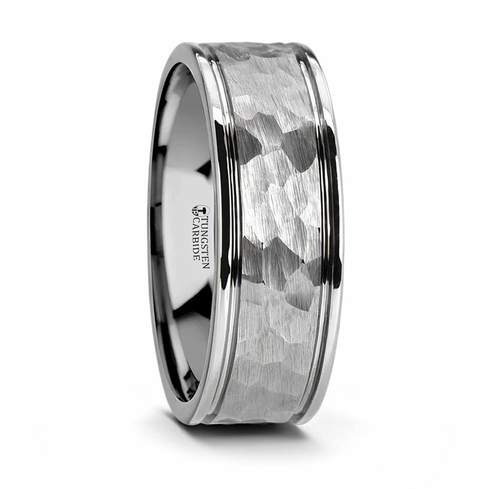 Hammered Finish Tungsten Ring with Grooved Edges - 6mm or 8mm 
