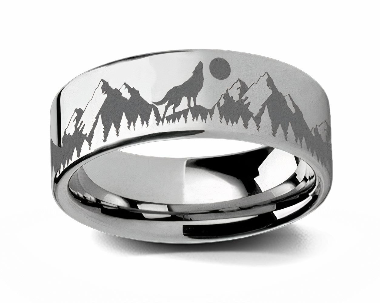 Howling Wolf Moon Flat Tungsten Ring 