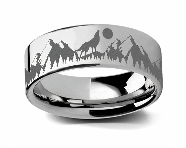 Howling Wolf Moon Flat Tungsten Ring 