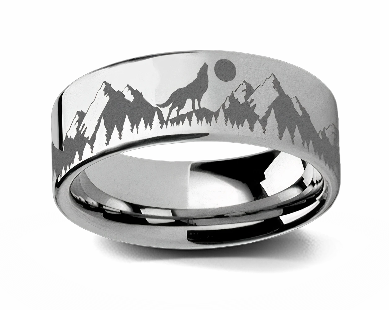 Howling Wolf Moon Flat Tungsten Ring 