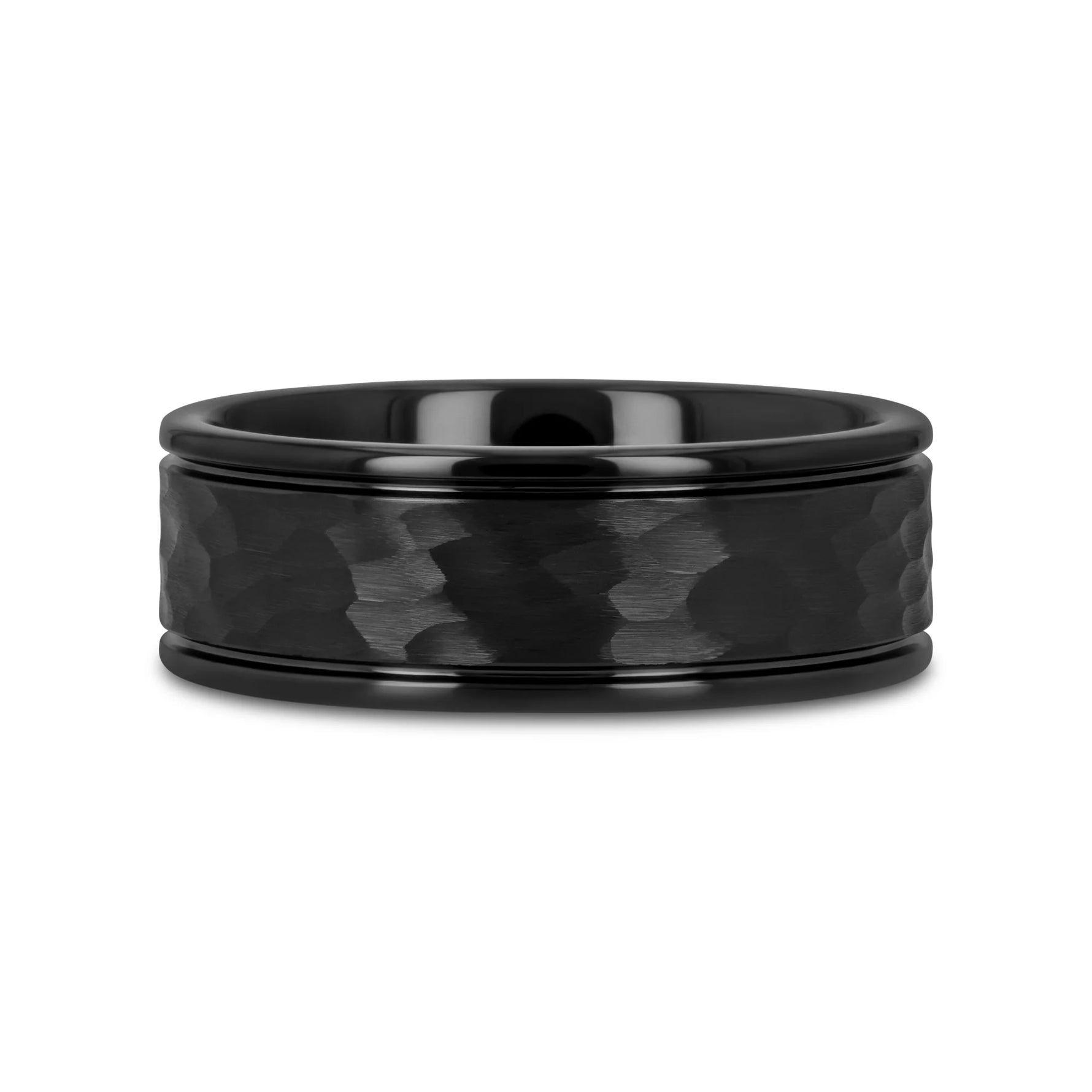 Hammered Finish Black Tungsten Ring with Grooved Edges - 6mm or 8mm