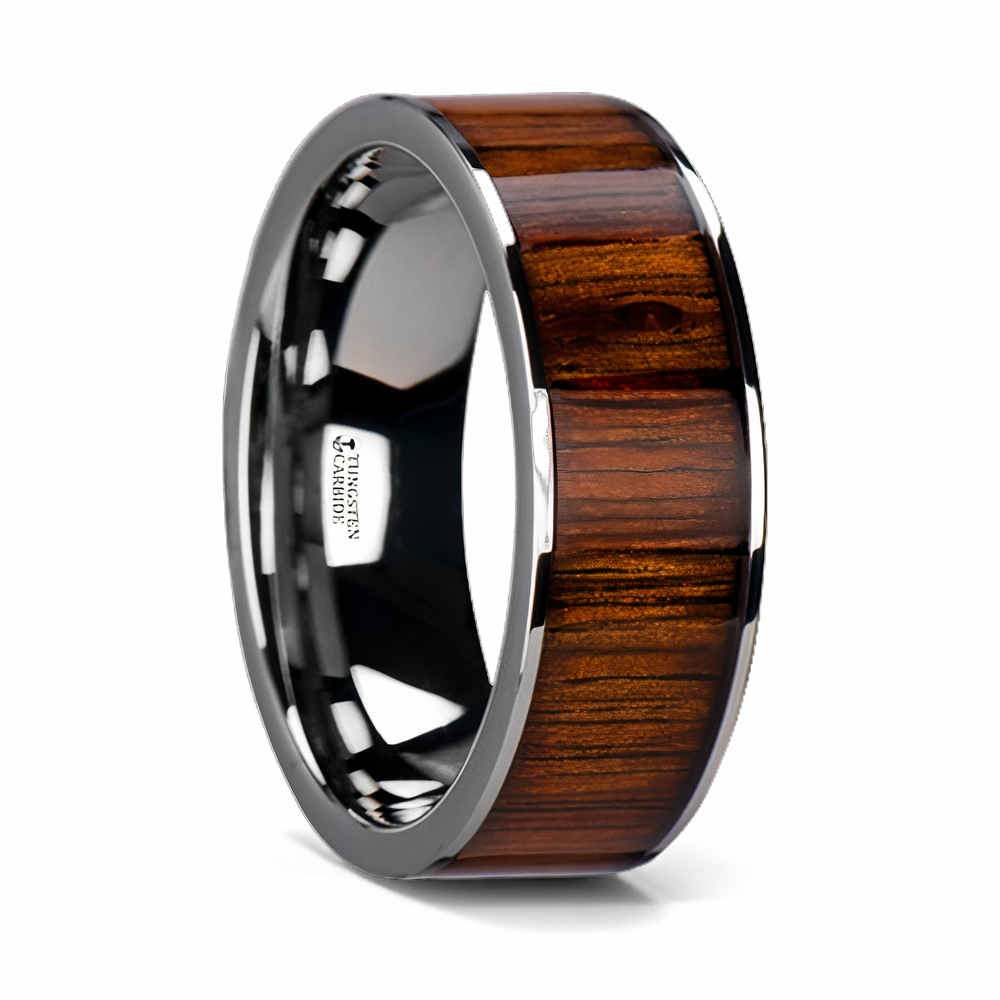 Rare Koa Wood Inlay Wedding Band - Flat Tungsten 