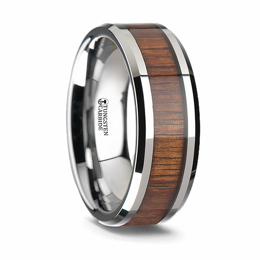 Koa Wood Inlay Ring - Beveled Tungsten 