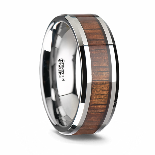 Koa Wood Inlay Ring - Beveled Tungsten 