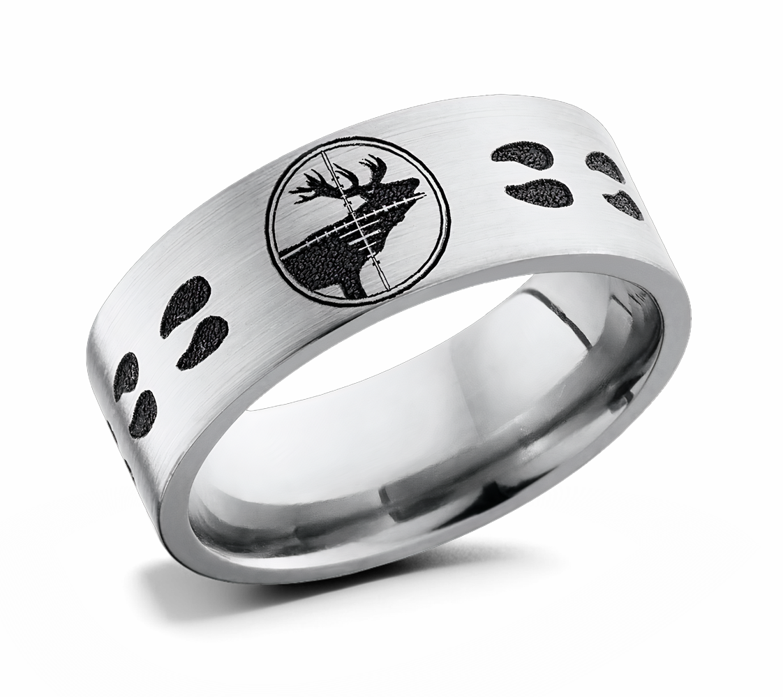 Laser Carved Elk Target and Tracks Ring 8mm - Camo Ever After
