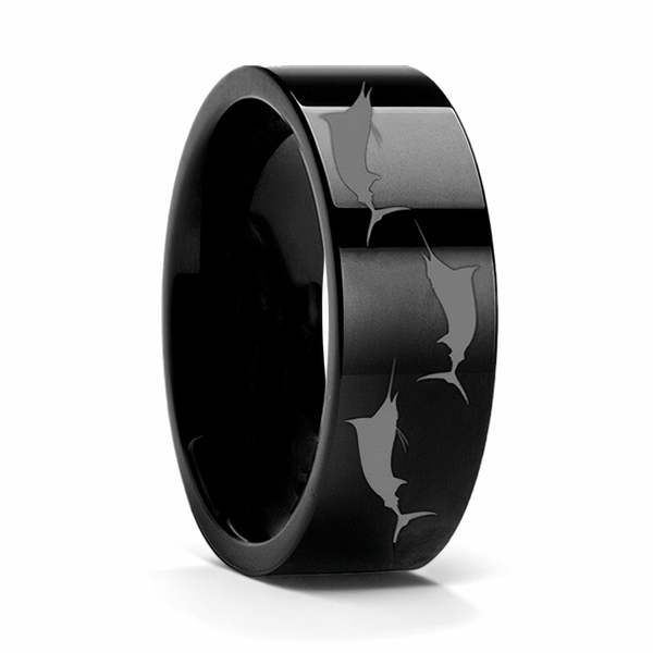Marlin Fish Engraved Black Tungsten Ring 