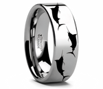 Marlin Fish Engraved Flat Tungsten Ring 