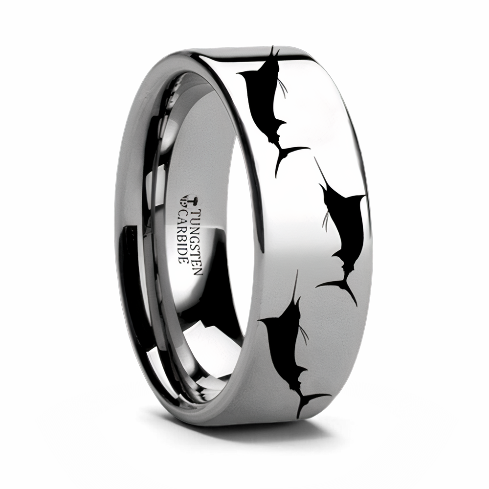 Marlin Fish Engraved Flat Tungsten Ring 