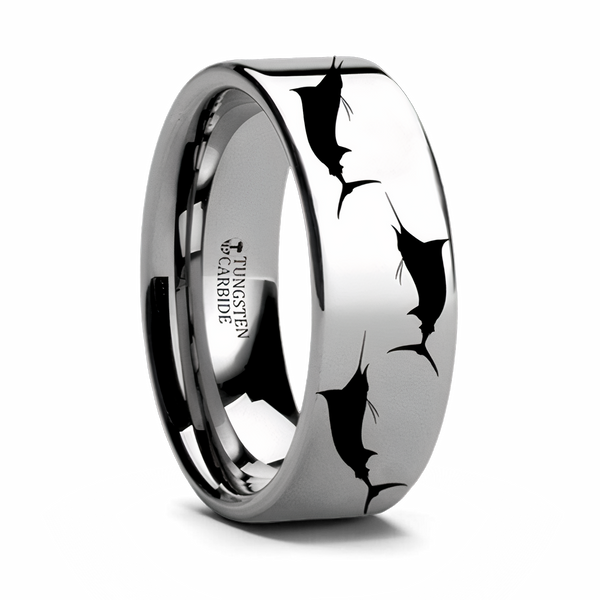 Marlin Fish Engraved Flat Tungsten Ring 