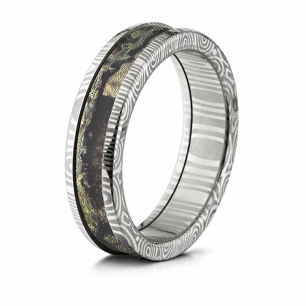 Damascus Ring with Your Choice of Mossy Oak Inlay - 6mm Domed 