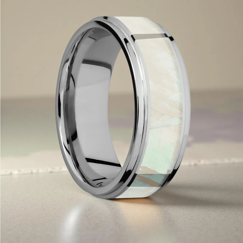 Mother of Pearl Ring - Titanium with Grooved Edges 