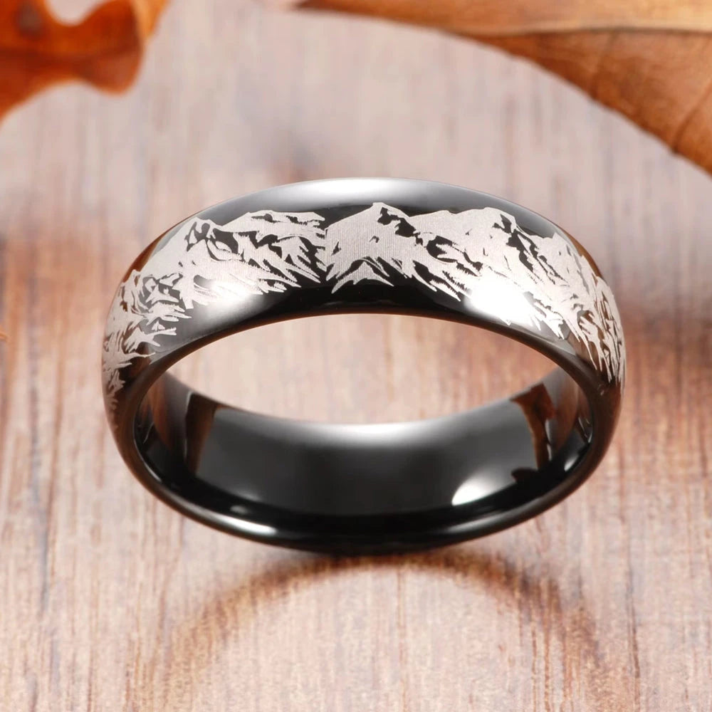 Mountain Range Ring - Laser Carved on Black Tungsten 